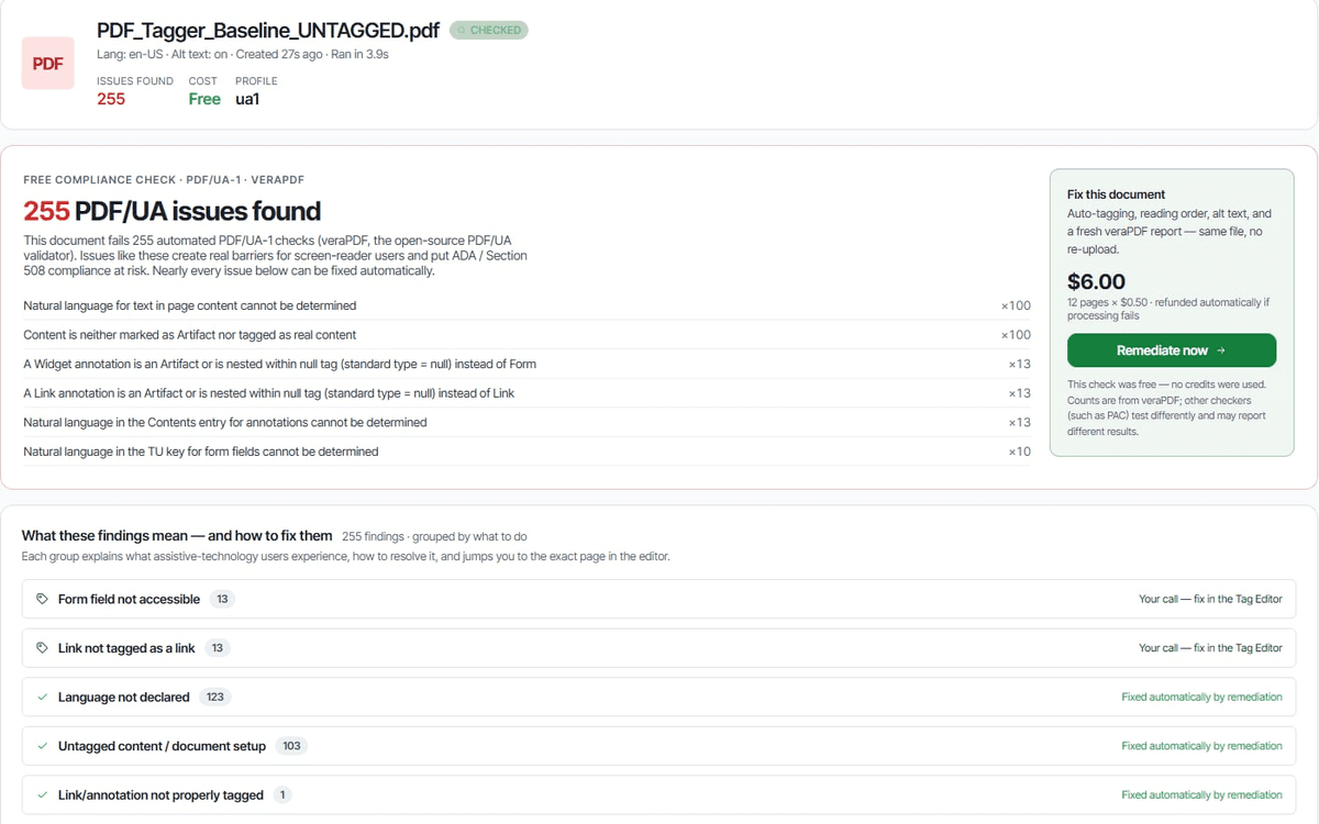 A validation report for a remediated document: the findings before, zero after, listed by rule.