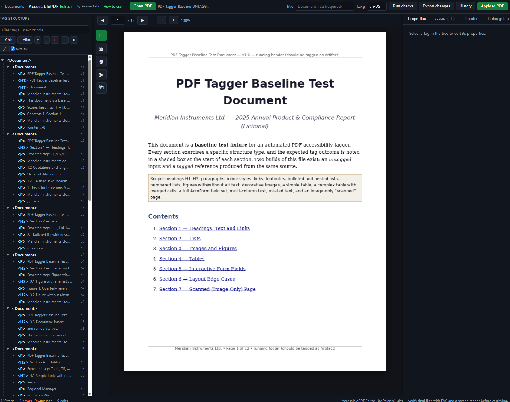 The AccessiblePDF Tag Editor: a document's tag structure tree beside the live page, with Properties, Issues, Reader and Rules panels.