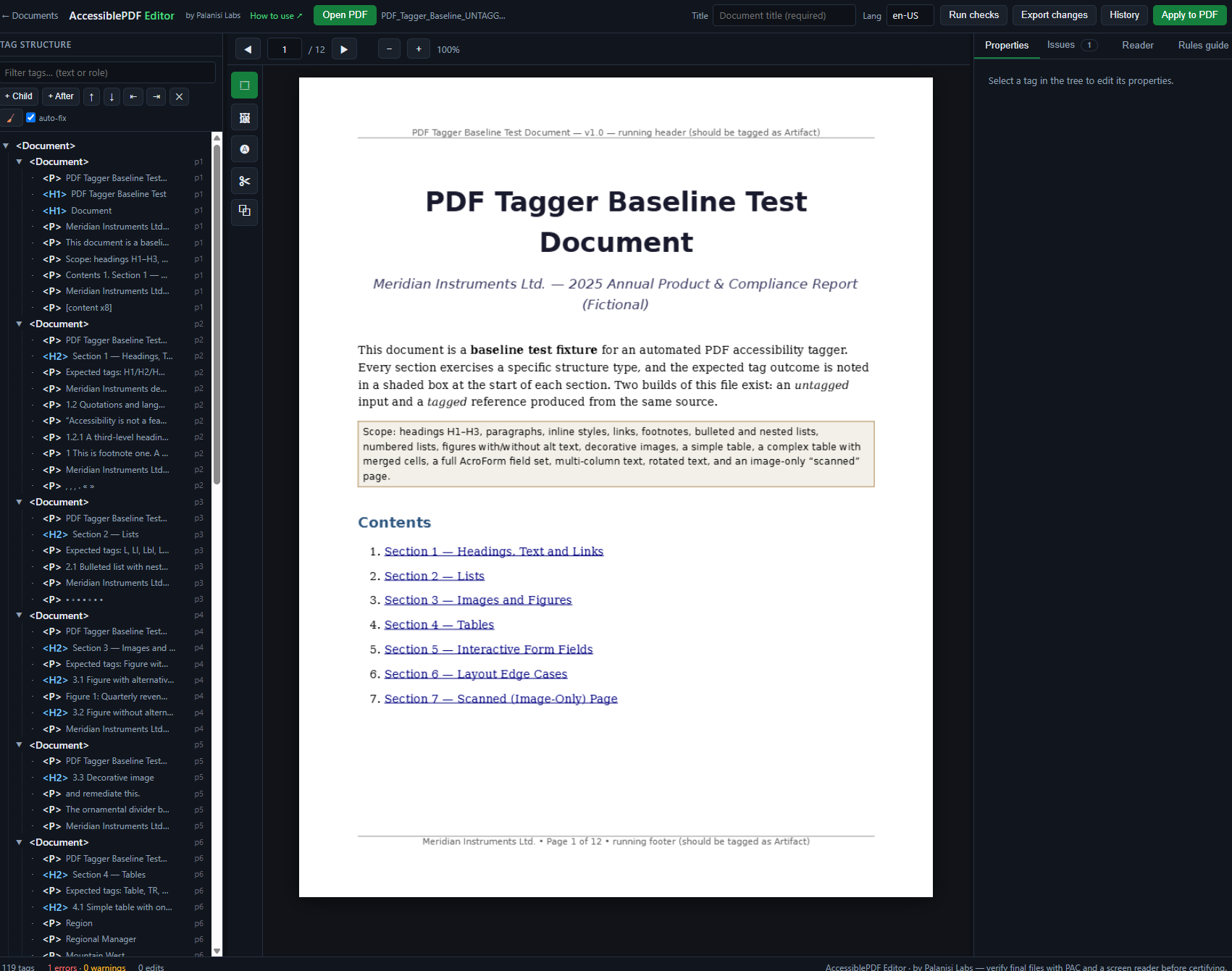The AccessiblePDF Tag Editor: a visual tag tree beside the live page, with properties, issues, reader and rules panels.