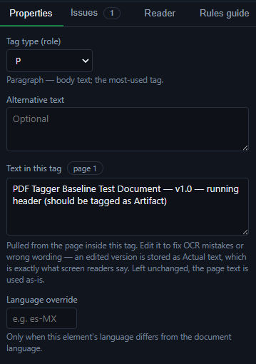 The Properties panel: tag role, alternative text, the text in the tag with an editable actual-text field, and a per-element language override.