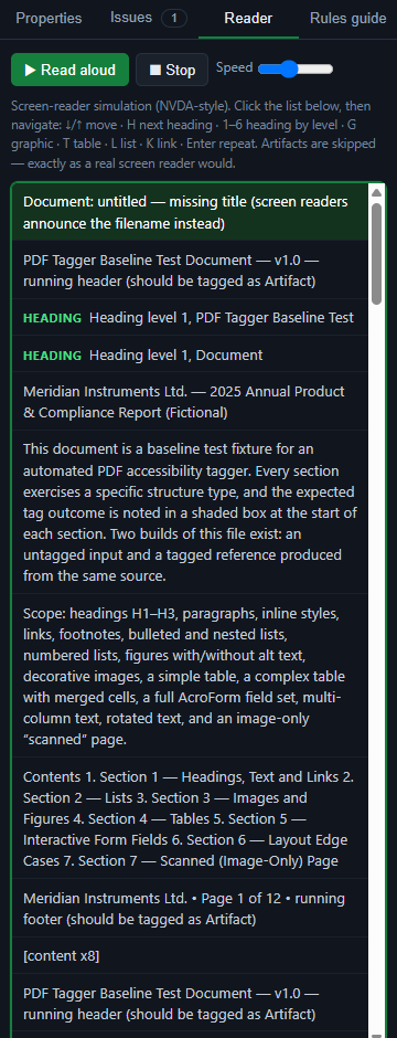 The Reader panel: NVDA-style screen reader simulation with read aloud, speed control, and keyboard navigation by heading, list, table and link.