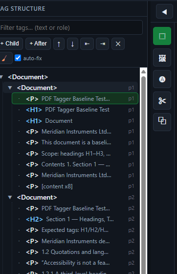 The editor tag structure panel showing draft tags generated for an untagged document.